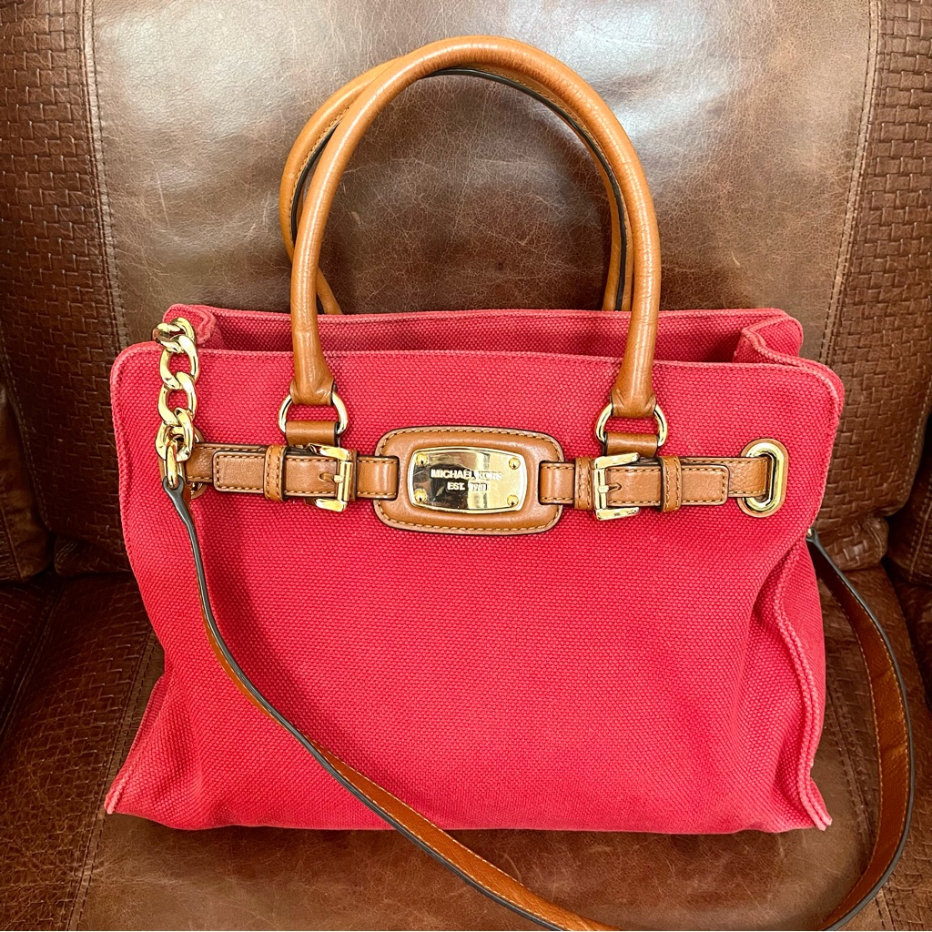 Michael Kors Red Canvas Satchel With Tan Leather Trim